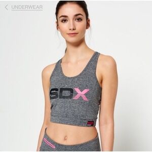 Superdry Sportswear Women's Longline Cross Sports Bra Sz Small Gray Logo No Pads